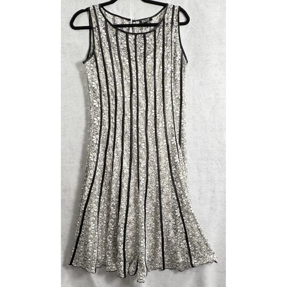 Vtg SLNY Women Lace Overlay Sleveless Dress Sz 8 Black White Elegant 80s 29-1